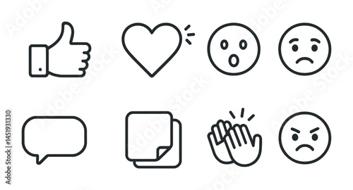 Social media reaction icons set – outline, emoji, feedback and communication symbols