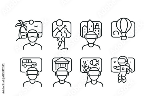 Virtual reality outline icons set – linear, line, augmented reality symbols
