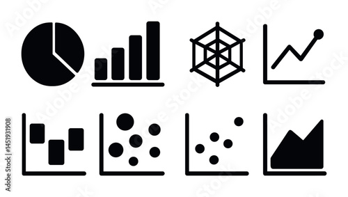 Data analysis icons set – solid, chart, statistical visualization symbols