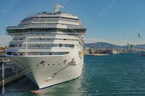Obraz na płótnie Mega family cruiseship cruise ship liner Fortuna docked at terminal in Marseille Provence, France during breathtaking sunset sunrise twilight blue hour dusk dawn silhouette scenic panorama w salonie