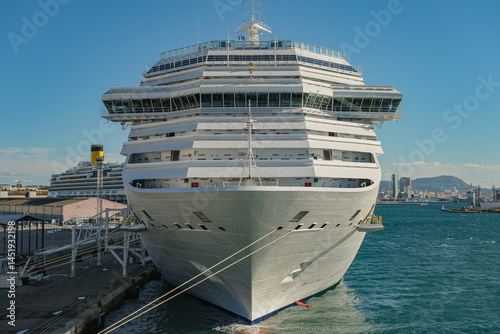 Mega family cruiseship cruise ship liner Fortuna docked at terminal in Marseille Provence, France during breathtaking sunset sunrise twilight blue hour dusk dawn silhouette scenic panorama