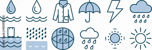 Blue and white icon set with raindrop, lightning, umbrella, and sun