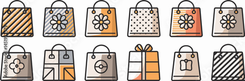 Vector icon set of assorted shopping bags with logos, ribbons, and patterns – Great for branding, fashion retail, or online store visuals