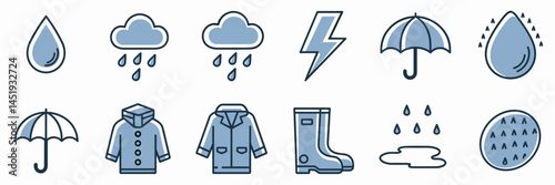 Minimalistic rain icon sheet with umbrella, raincoat, boots, and puddle