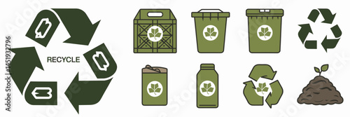 Recycling icons with green accents and symbols – Great for waste separation visuals, composting guides, or eco-conscious branding