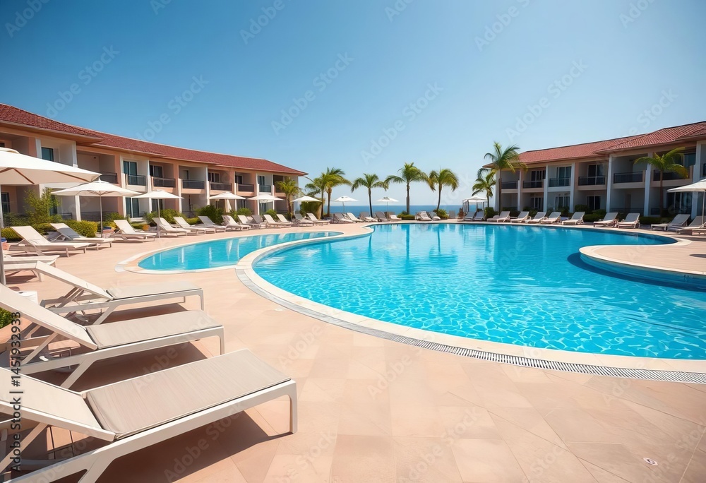Fototapeta premium Inviting resort swimming pool, azure water, sun loungers, poolside, serene
