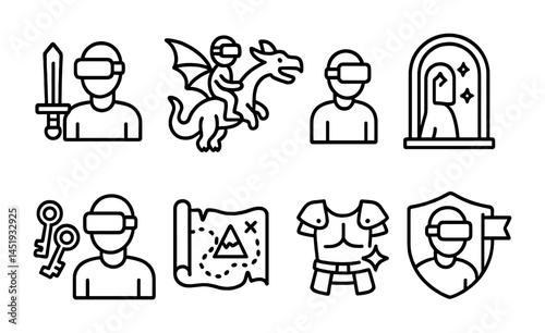 Fantasy adventure outline icons set – linear, role-playing, rpg gaming symbols