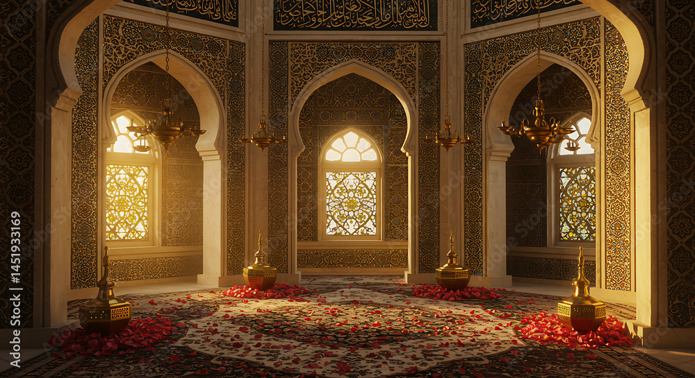 Fototapeta premium Eid Mubarak celebration inside a golden ornately decorated Islamic architecture