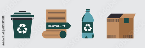 Recyclable item icon set with bins, paper, plastic, and cardboard – Great for waste management materials, environmental campaigns, or eco packaging guides