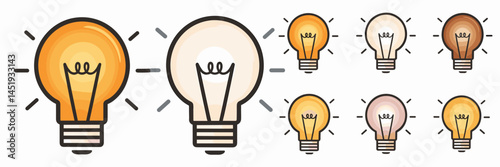 Vector icon sheet of glowing lightbulbs with different bases – Ideal for energy apps, lighting e-commerce, or home improvement resources.