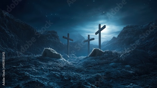Silhouette of three crosses against a starlit night in a rugged landscape