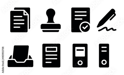 Document management solid icons set – records, paperwork, office organization symbols