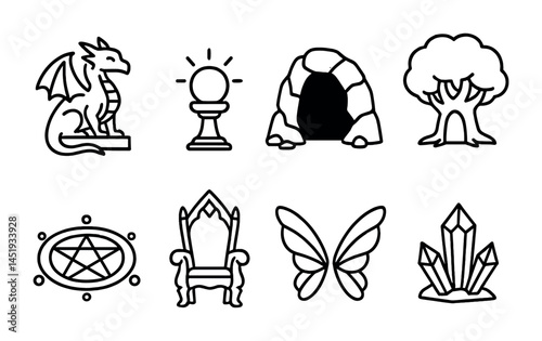 Fantasy and adventure outline icons set – line, mystical, medieval rpg symbols