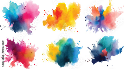 colorful vibrant rainbow Holi paint color powder explosion with bright colors isolated, Vector, set of abstract yellow multicolor rainbow color watercolor splashes isolated