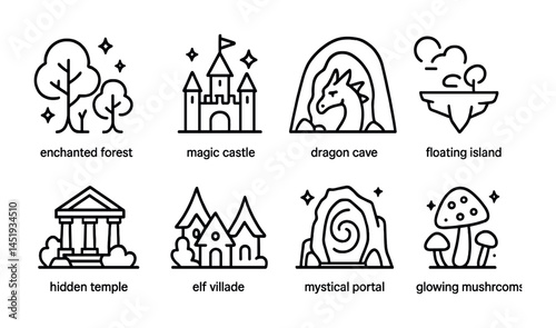 Fantasy world line icons set – outline, enchanted, magical symbols