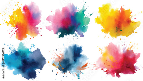colorful vibrant rainbow Holi paint color powder explosion with bright colors isolated, Vector, set of abstract yellow multicolor rainbow color watercolor splashes isolated