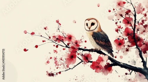 An illustration of an owl perched gracefully on a branch adorned with vibrant pink flowers. photo