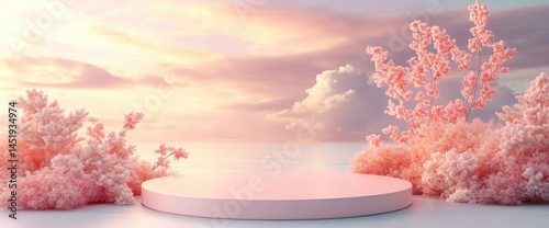 Pastel pink circular podium with fluffy floral bushes, soft sunrise backdrop