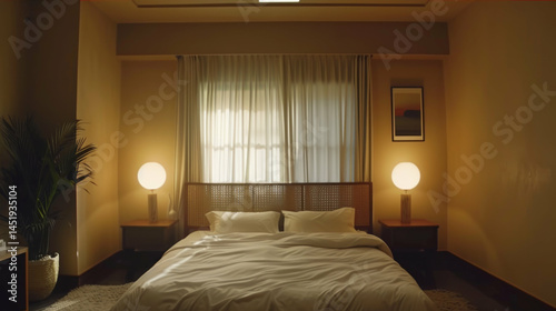 Serene bedroom interior design soft lighting white linens cozy atmosphere home decor