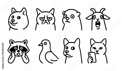 Animal expression line icons set – outline, linear, emotive character symbols