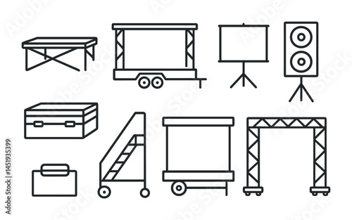 Stage and event equipment line icons set – silhouette, outline, av gear symbols