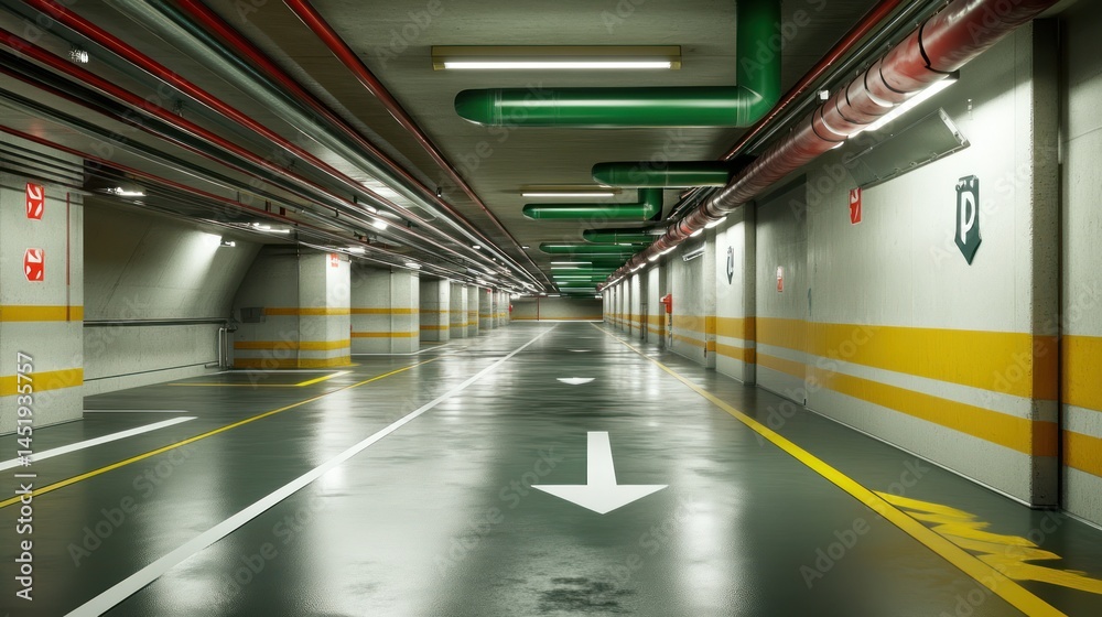 Obraz premium Underground parking garage, empty, directional arrows, pipes overhead