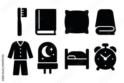 Bedtime essentials solid icons set – silhouette, filled, sleep and night routine symbols