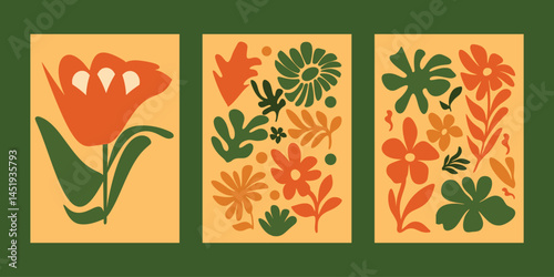 Abstract botanical art prints in retro style. Botanical doodle background. Colorful Floral Collage Art Prints. Matisse style poster set