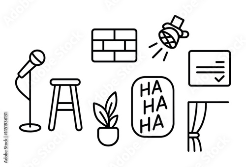 Comedy club outline icons set – venue, entertainment, laughter graphics kit
