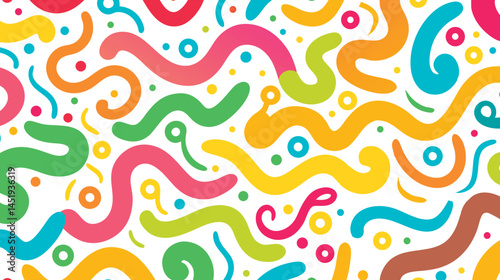 Colorful Squiggles Seamless, Whimsical, Abstract Line Art. Wavy Pattern on White Background. Vibrant and Playful Abstract Composition with Wavy Lines