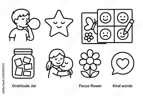 Mindfulness and wellbeing outline icons set – line, mental health, daily practice symbols