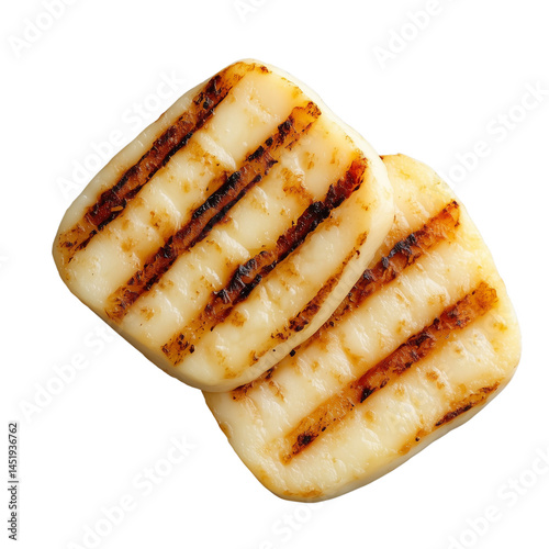 Grilled halloumi cheese squares with visible char marks highlighting textures and colors. isolated on white background and transparent background