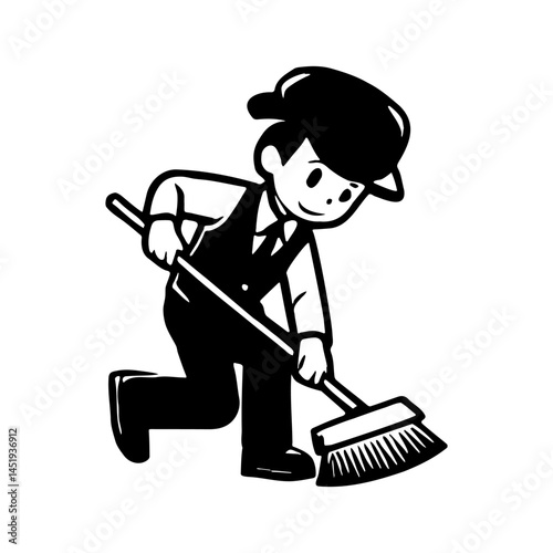 vector illustration of a janitor wearing a hat and sweeping the floor, the janitor's boy is sweeping the floor