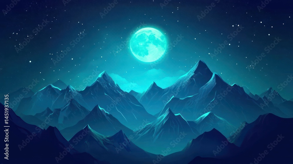 Full moon over majestic mountains at night, serene landscape, ideal for desktop wallpaper Full moon over majestic mountains at night, serene landscape, ideal for desktop wallpaper