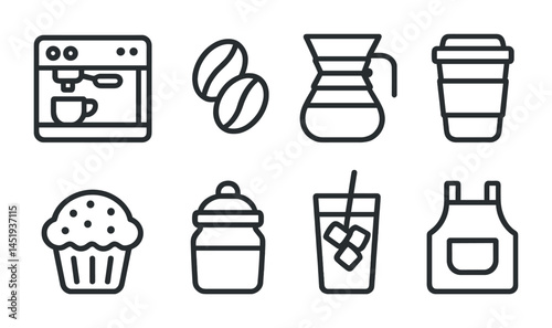 Coffee shop outline icons set – linear, cafe and barista design elements