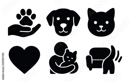 Pet care solid icons set – silhouette, filled, animal and healthcare symbols