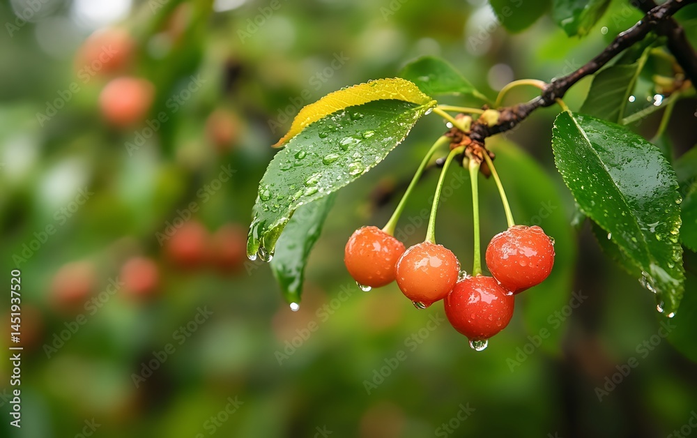 Obraz premium A close-up of fresh red cherries glistening with raindrops on vibrant green leaves, showcasing nature's beauty and the freshness of summer fruits.
