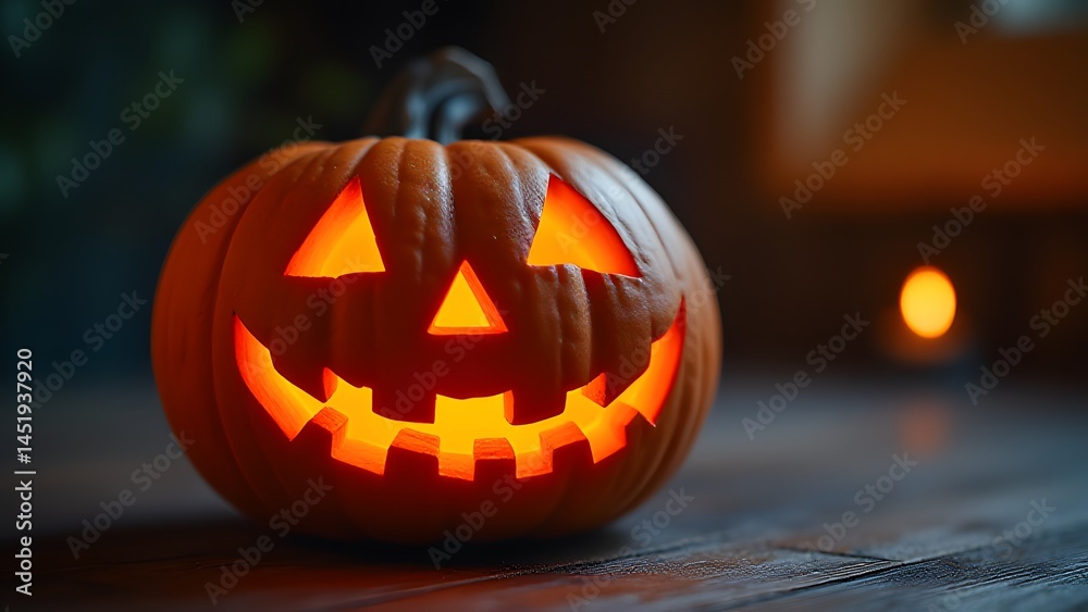 Fototapeta premium Spooky Halloween Jack-o'-lantern Pumpkin Glowing in Dark