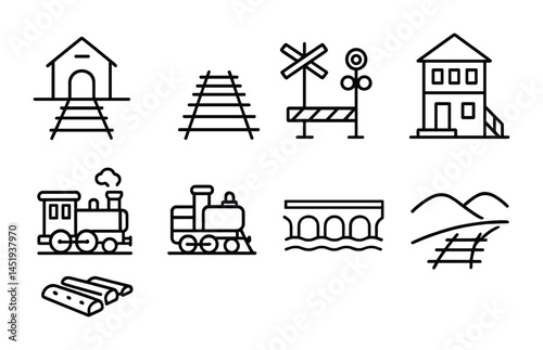 Railway outline icons set – track, train, transportation symbols