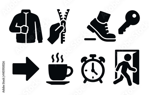 Everyday actions solid icons set – filled, silhouette, daily activity symbols