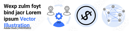 Gear in workflow linking businesspeople, network diagram for connectivity, finance dollar circle for investment. Ideal for teamwork, process, business, finance, innovation, operations simple landing