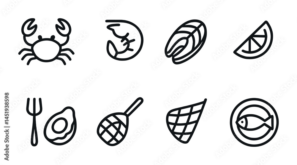 Seafood and cuisine outline icons set – line, culinary, cooking symbols Seafood and cuisine outline icons set – line, culinary, cooking symbols