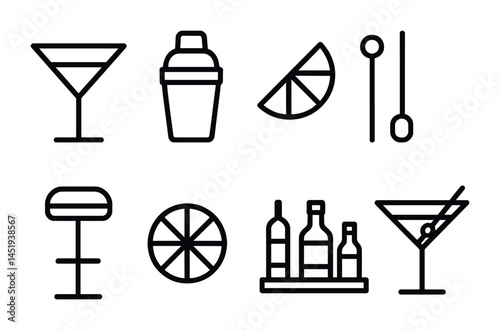 Cocktail bar outline icons set – drinks, beverage symbols for bartending tools