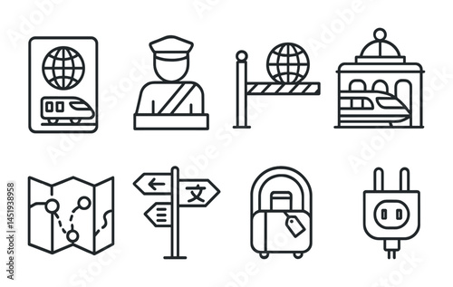 Travel and tourism outline icons set – linear, minimalist, vacation symbols