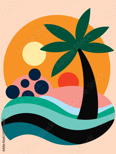 Tropical Beach Scene with Palm Tree and Sun
