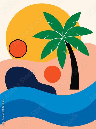 Tropical Beach Scene with Palm Tree and Sun