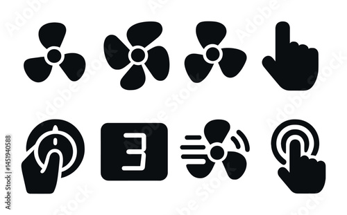 Fan and control solid icons set – silhouette, filled, ventilation and user interface symbols