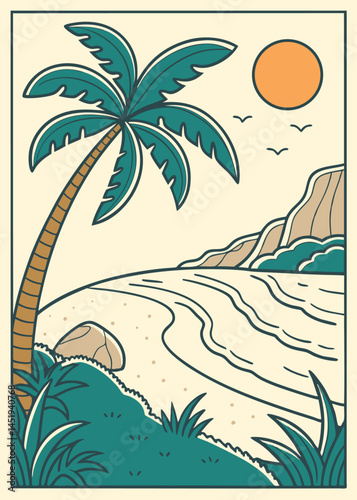 Tropical Beach Scene with Palm Tree and Sun