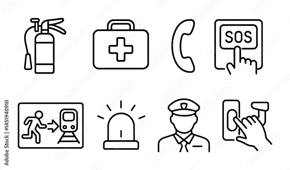 Fototapeta premium Emergency and safety line icons set – outline, linear, alert and response symbols