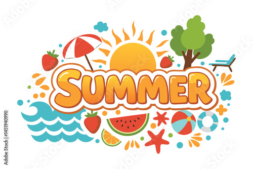 Colorful Summer Vector Art Illustration with Beach and Fruit Elements